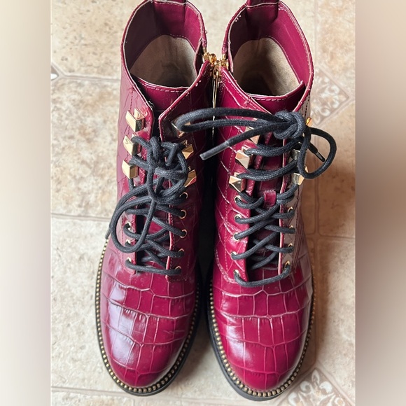 Michael Kors Burgundy Croc-Embossed Lace-Up Platform Boots - Picture 3 of 6